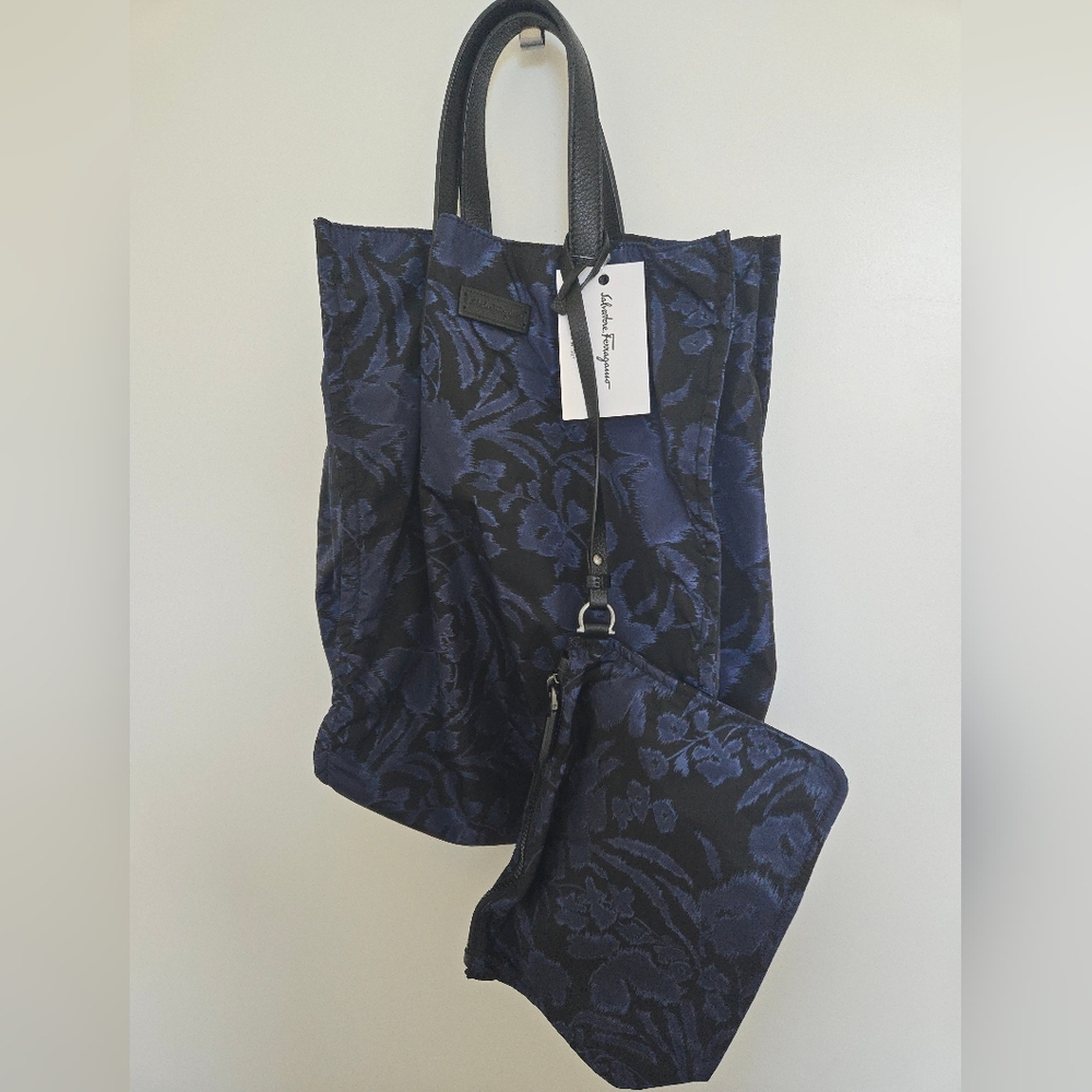 Salvatore Ferragamo Black and Blue Floral Tote Bag